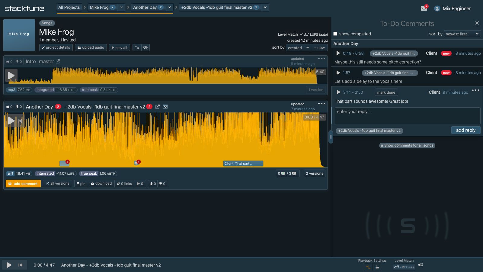 screenshot with audio file and comments