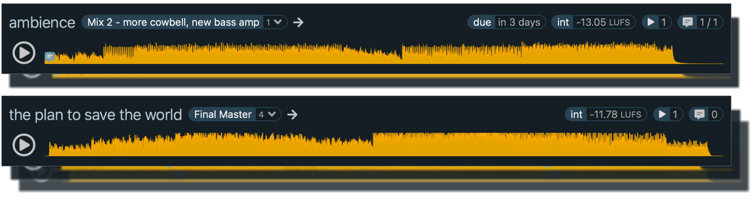 songs in different stages: arrangement draft, rough mix, final master