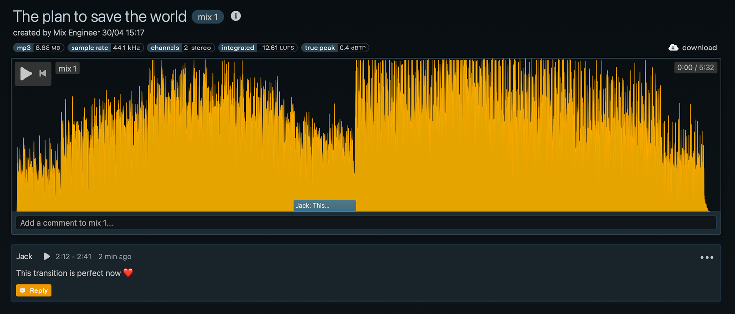 Screenshot of a single audio file being shared together with already present comments